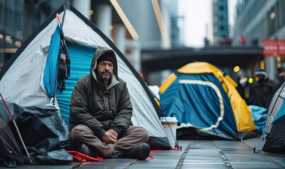 homeless man near street encampment with tents in the background, urban poverty concept