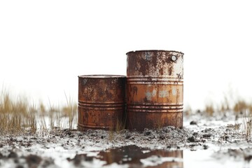 Poster - Two old barrels stuck in muddy terrain, with overgrown vegetation around