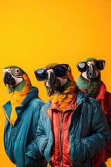 Aufkleber - Parrots wear goggles on a bright yellow background, suitable for illustrations and designs