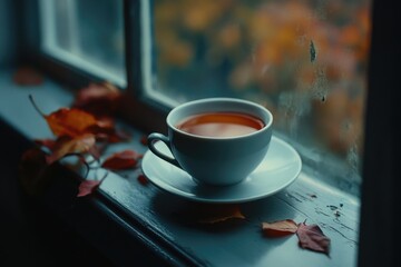 Poster - A cup of steaming hot tea sitting on a windowsill with a view