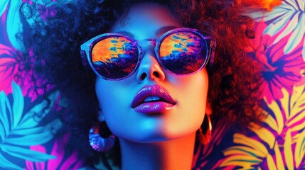 Wall Mural - A woman wearing sunglasses against a colorful background