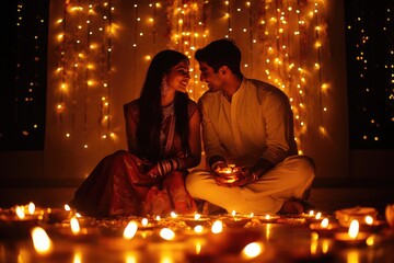 Wall Mural - Intimate moment between a man and a woman sitting together, lit by candles