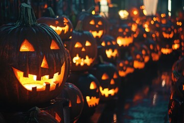Poster - A pile of carved jack-o-lanterns stacked on top of each other