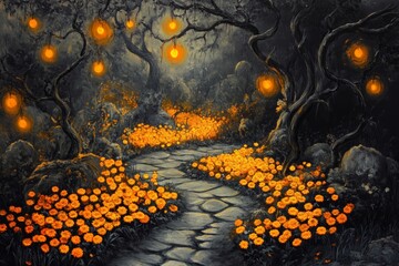 Poster - A magical forest scene with a stone pathway, glowing lanterns hanging from twisted trees, and vibrant orange flowers lining the path.