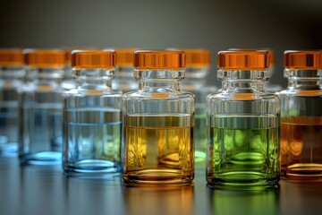 Poster - A collection of small glass bottles filled with various colored liquids, great for use in science or chemistry illustrations