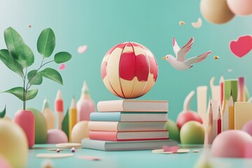 Poster - A bird is seen flying overhead as it hovers above a pile of books