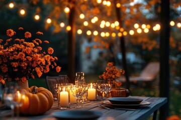 Poster - A wooden table decorated with plates and glasses