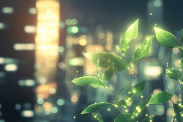 Aufkleber - A lush green plant stands out against the backdrop of a bustling city, its vibrant foliage contrasting with the concrete and steel