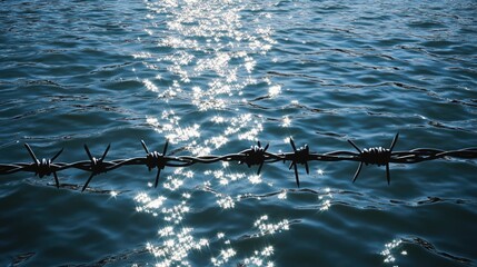 Poster - A close-up view of a barbed wire fence spanning across a body of water, providing a sense of isolation and confinement
