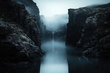 Poster - A serene waterfall cascading down amidst rocky surroundings, perfect for environmental or adventure-themed projects