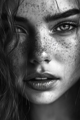 Poster - A close-up shot of a woman's face showing off her freckles, suitable for use in editorial or commercial contexts