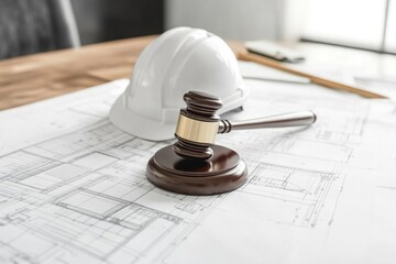 Poster - A gavel and hard hat sit side by side on a table, ready for use in various settings