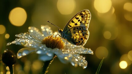 Poster - Butterfly on Flower with Dew Drops and Soft Light