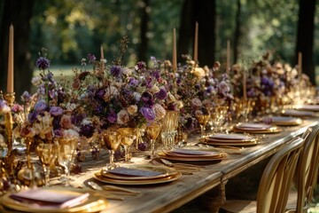 Poster - Elegant dining setup with golden dishes and floral arrangements