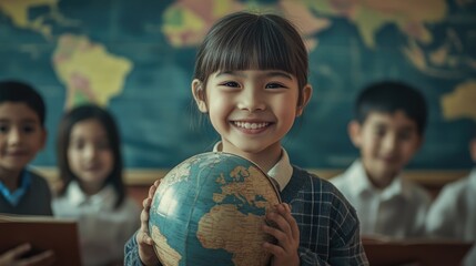 Poster - A young girl holding a globe, surrounded by kids from different countries