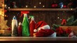 © Johannes - Christmas cleaning concept. Various bottles, equipment, and accessories, gloves for cleaning with christmas decor and santa hat. Cleaning service advertising mockup background