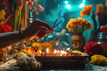 Wall Mural - A person lights candles on a birthday cake in a warm and cozy setting