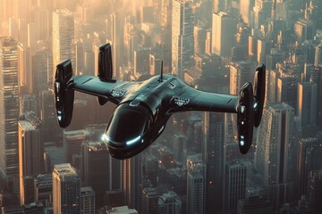 Poster - A small black airplane flying over a cityscape with buildings and streets below