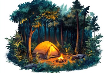 Poster - A cozy tent illuminated in the dark forest, perfect for camping or outdoor adventure