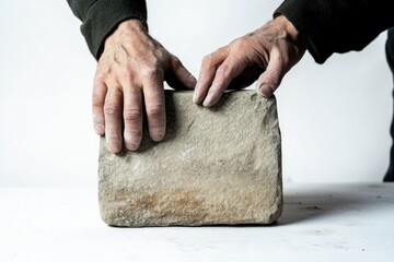 Poster - A person grasping a large stone block in their hands, a possible archaeological find or artifact