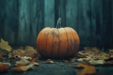 Poster - A pumpkin sits atop a pile of autumn leaves, perfect for fall or Halloween-themed designs