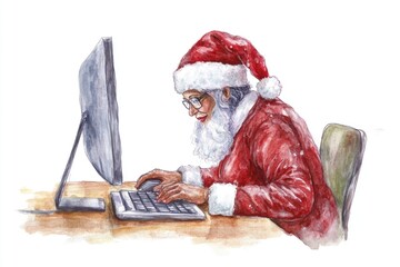 Poster - A watercolor illustration of Santa Claus sitting at a desk, using a computer, a modern twist on the classic holiday character