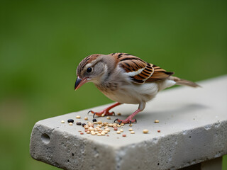 Small Bird Perched on Concrete Surface Pecking at Scattered Seeds with Delicate Brown and Cream Plumage, Subtle Black and Orange Wing Stripes, Exuding Alertness and Curiosity