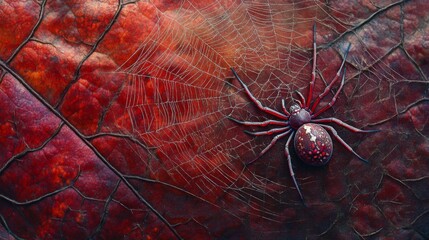 Poster - Spider on Leaf with Web Background