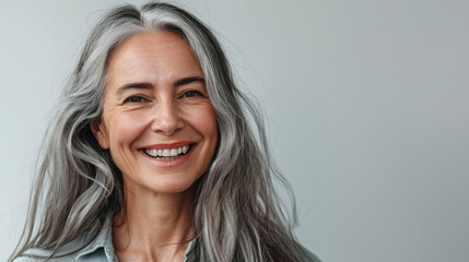 Mid age female with gray hair smile after teeth dental implant procedure. Dentistry concept. banner with white background and copy space