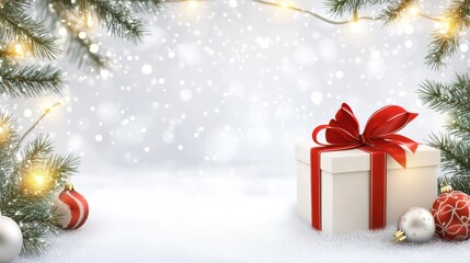 Wall Mural - christmas scene with a white gift box, red bow and ribbon, lights, baubles, fir branches and snow, w
