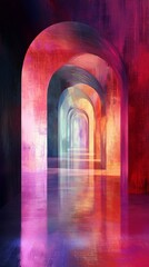 Poster - A colorful tunnel with a red wall. The tunnel is long and narrow. The colors are bright and vivid