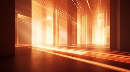 Poster - Abstract image of a modern interior with warm light beams creating geometric shadows in an empty room, evoking a futuristic and artistic atmosphere.