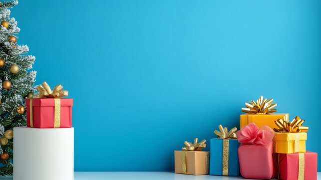 Festive setting with a white podium, colorful wrapped gifts, and blue wall backdrop, with plenty of empty space for text