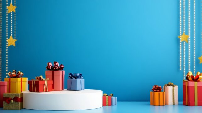 Festive setting with a white podium, colorful wrapped gifts, and blue wall backdrop, with plenty of empty space for text