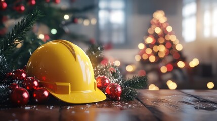 construction hard hat and christmas decorations. christmas and new year construction