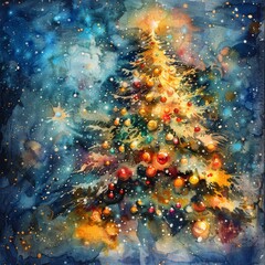 Poster - Festive scene in watercolor with a decorated tree and rich, artistic background.