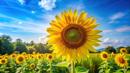 Sunflower blooming in vibrant garden with blue sky backdrop, Sunflower, blooming, garden, nature, sun, bright, yellow, sunny