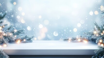 Empty white wold table top with abstract warm living room decor with christmas tree string light blur background with snow,Holiday backdrop,Mock up banner for display of advertise product.