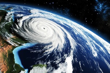 Wall Mural - An ultra-realistic view of Earth from space, showcasing a massive swirling hurricane over the ocean