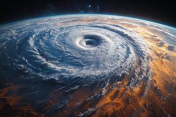 Wall Mural - An ultra-realistic view of Earth from space, showcasing a massive swirling hurricane over the ocean