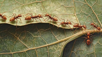 Poster - Ants Walking on Green Leaves in Close-Up