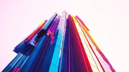 Wall Mural - Isolated depiction of a futuristic skyscraper, with a white background highlighting its vibrant neon colors and sleek design.