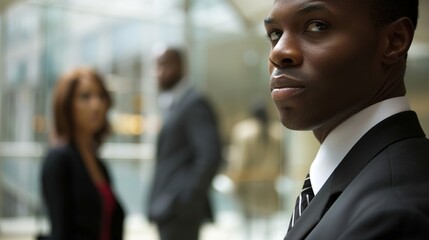 A close-up of a diverse group of professionals in business attire, standing in a modern office lobby, symbolizing the dynamic nature of the labor market. The focus is on their confident expressions an