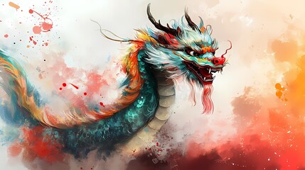 Traditional colorful ink Chinese dragon illustration poster background