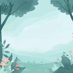 Poster - Serene nature scene featuring lush greenery, trees, and flowers in a tranquil landscape, perfect for backgrounds and nature-themed designs.