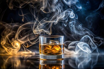 Wall Mural - whiskey glass on rocks with abstract smoke background