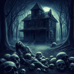 Wall Mural - Scary skull  haunted house in creepy night forest. Horror halloween  background.
