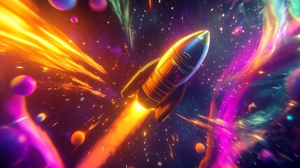 Fototapete - A spaceship is soaring through the depths of space, surrounded by a vibrant and swirling nebula