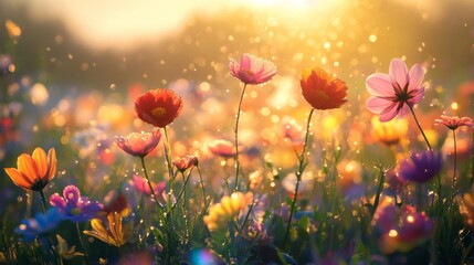Poster - Beautiful Blooming Flowers in Warm Sunset Light