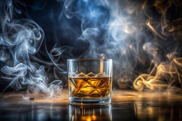Wall Mural - whiskey glass on dark table with swirling smoke